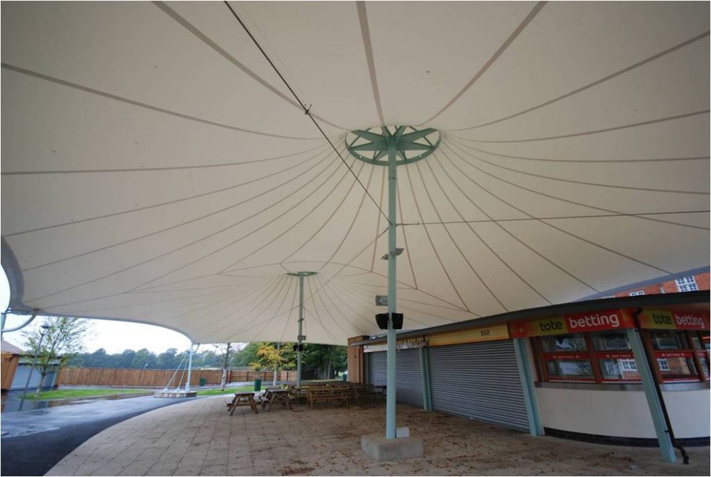 Cable tensioned fabric awning