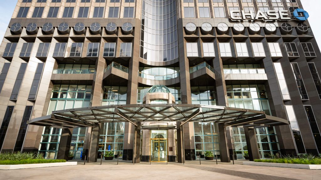 glass canopy in front of Chase Tower: Dallas, Texas, USA
