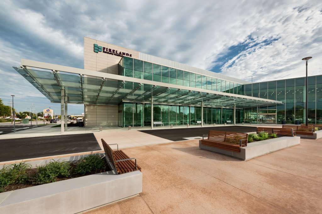 large glass canopy at Firelands Sandusky Health Center: Sandusky, Ohio, USA
